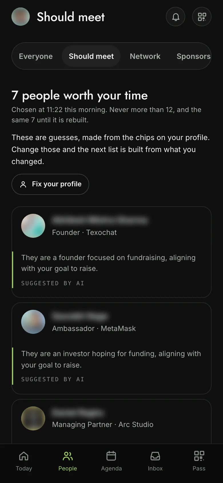 The Should meet screen in IBW Connect, listing suggested people to meet with the reason each one was picked