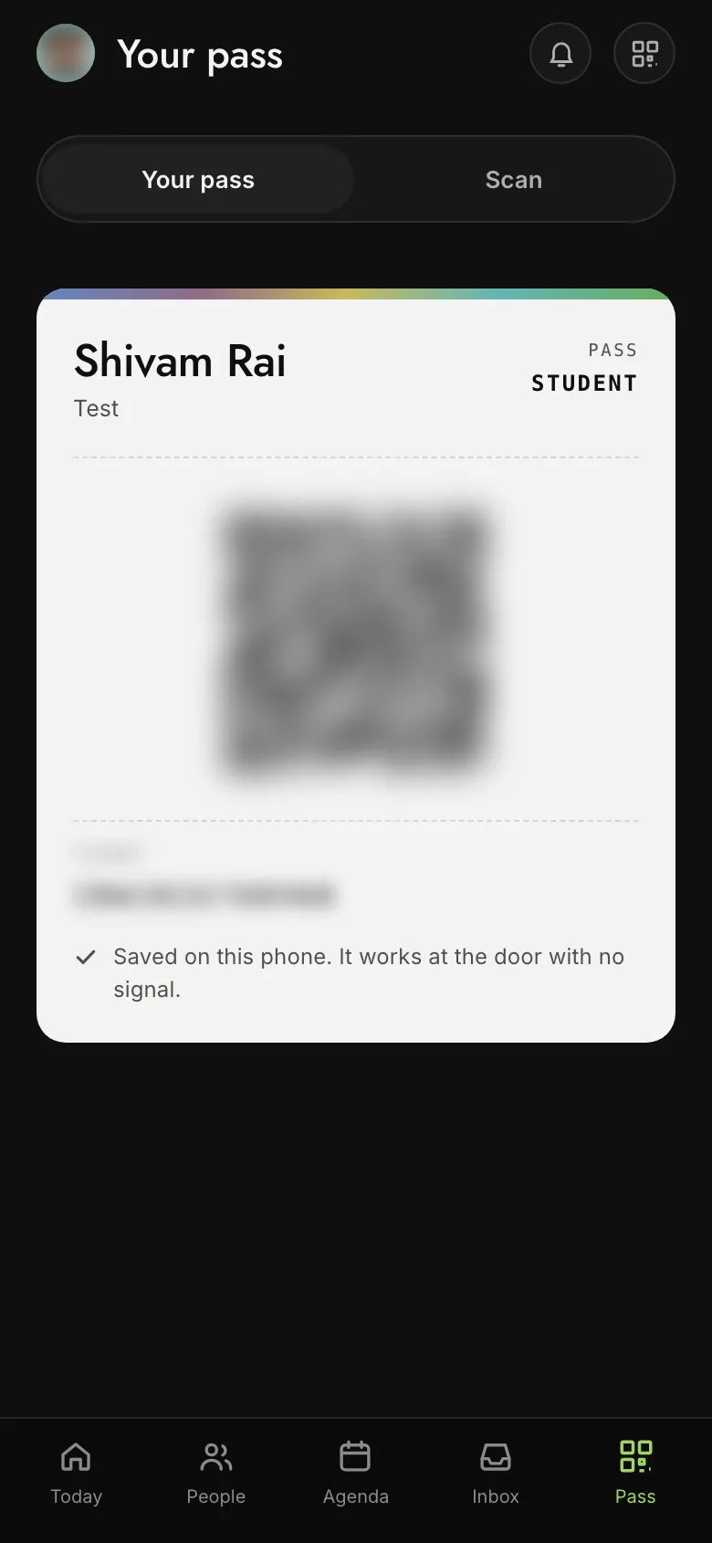 The digital pass in IBW Connect, showing the holder name, pass tier and entry QR code