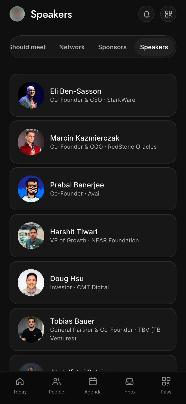 The Speakers screen in IBW Connect, listing speakers with their role and company
