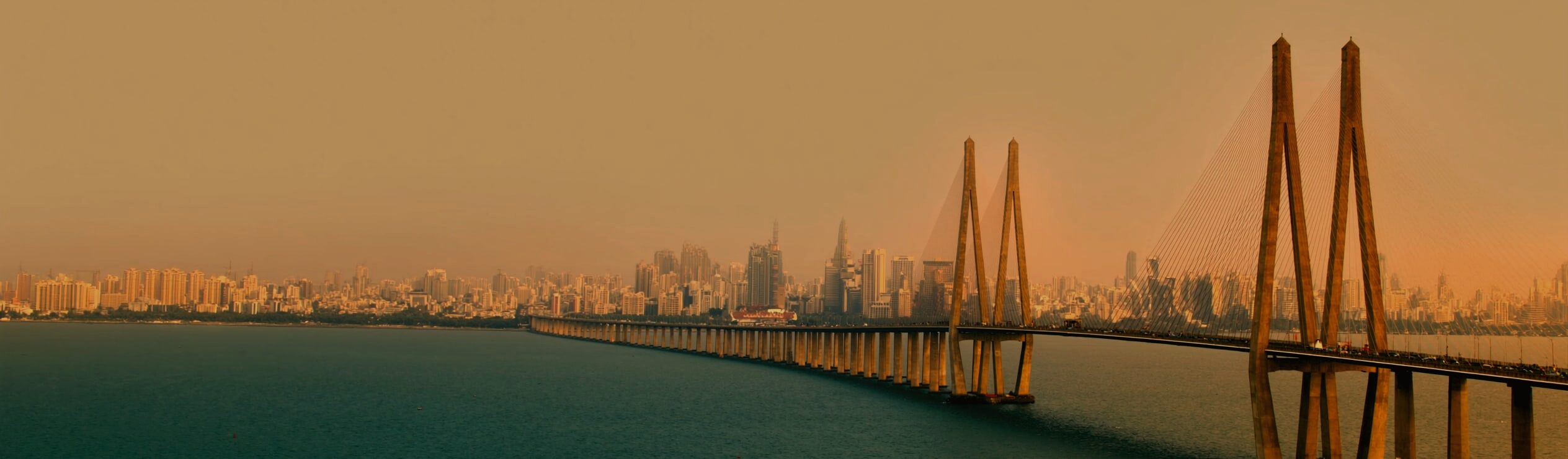 The Bandra-Worli Sea Link and the Mumbai skyline at golden hour
