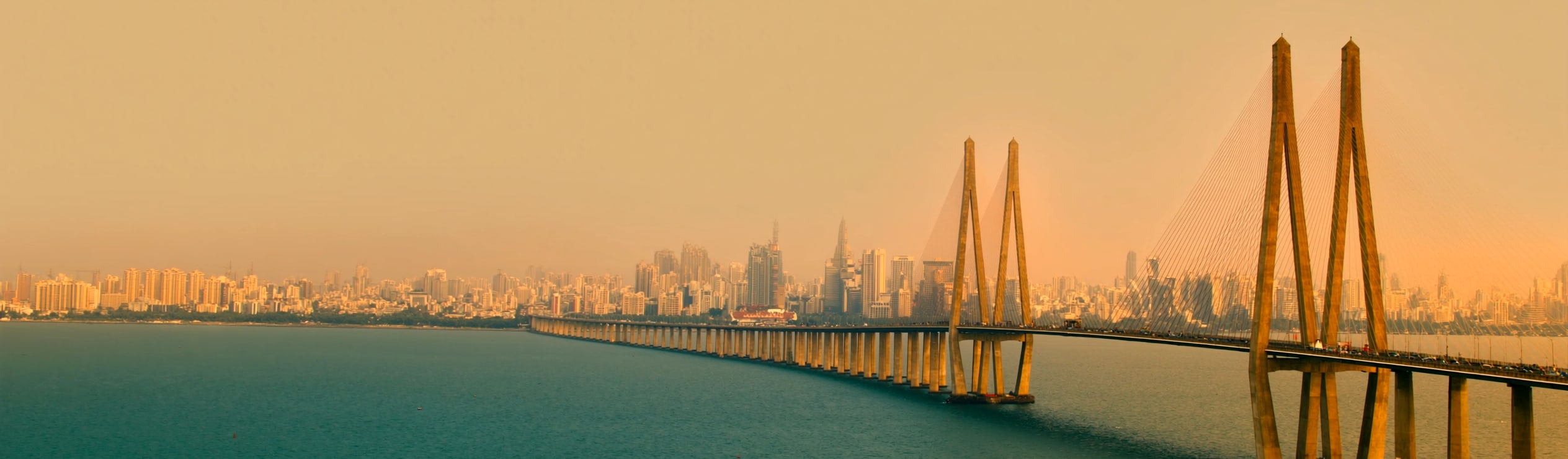 The Bandra-Worli Sea Link and the Mumbai skyline at golden hour